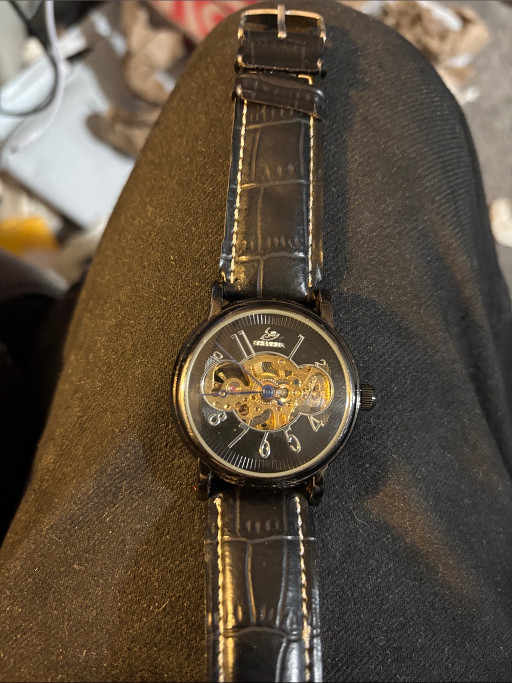 Men's Black Skeleton Mechanical Automatic Watch with Black Leather Strap by